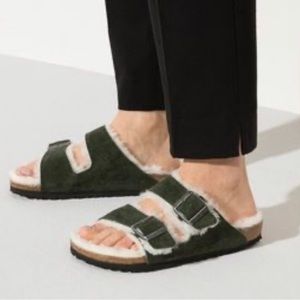 Birkenstock Arizona Shearling Sandal Slide Green